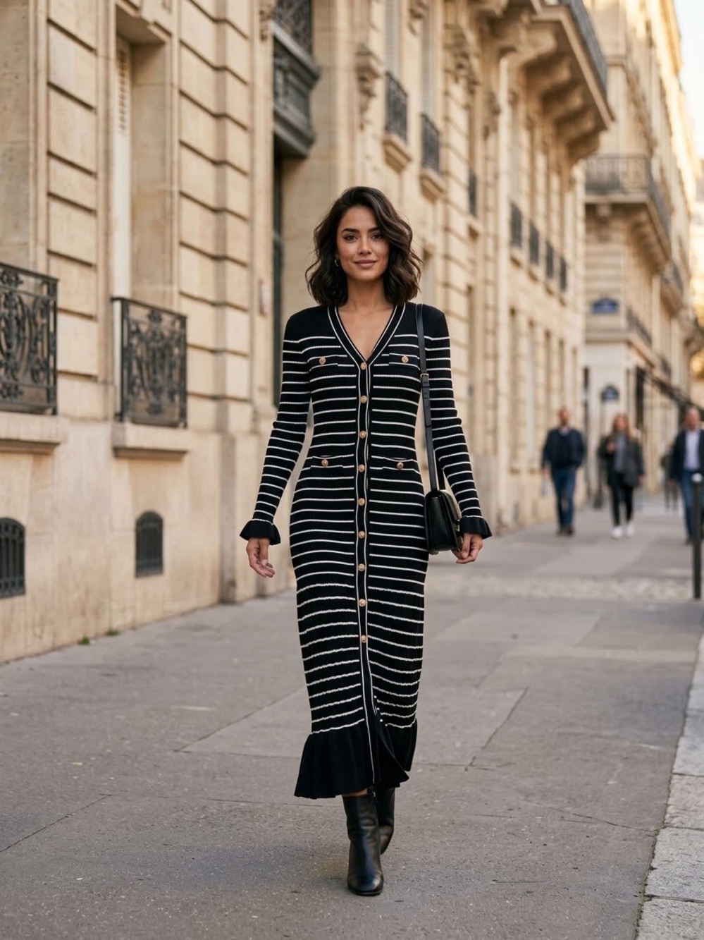 Glory connection Striped Long Sleeve Button-Front Knit Dress in Black